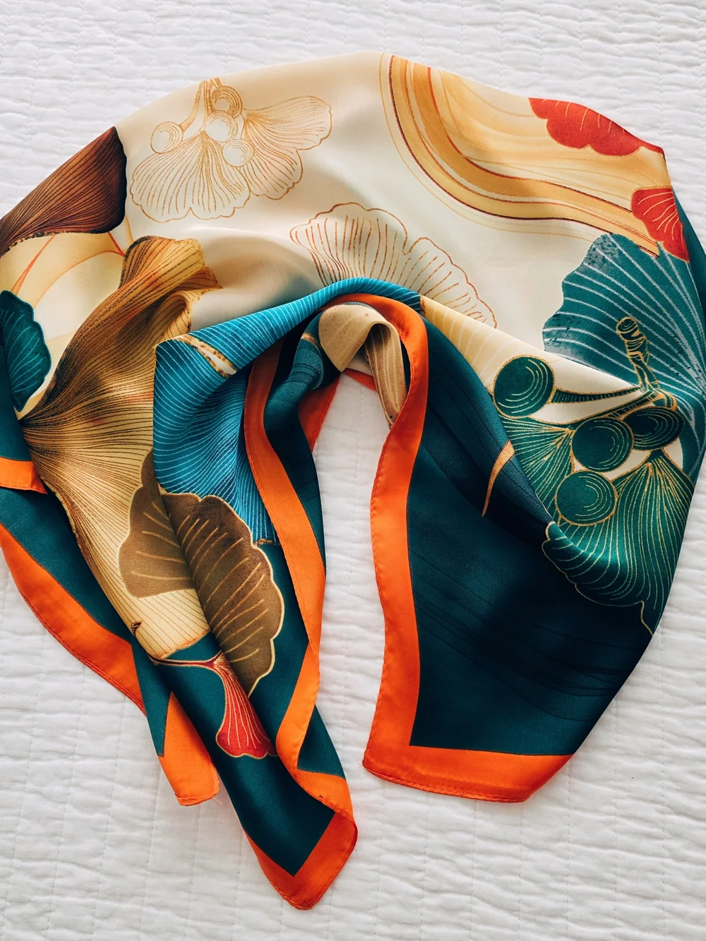 Botanical Print Neck Scarf in Teal and Orange